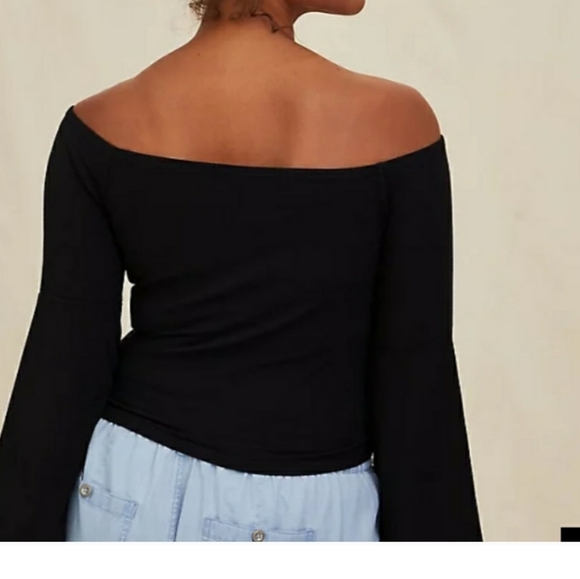🆕BLACK RIB BELL SLEEVE MIDI SHIRRED OFF SHOULDER TOP - Picture 8 of 8